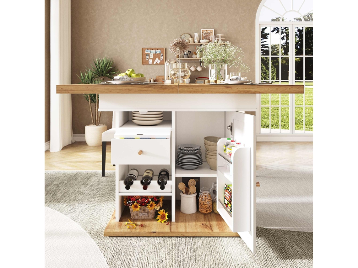 Mesa de comedor extensible de 110 x 140 x 80 cm, plegable, con estante para aperitivos y portabotellas, color blanco