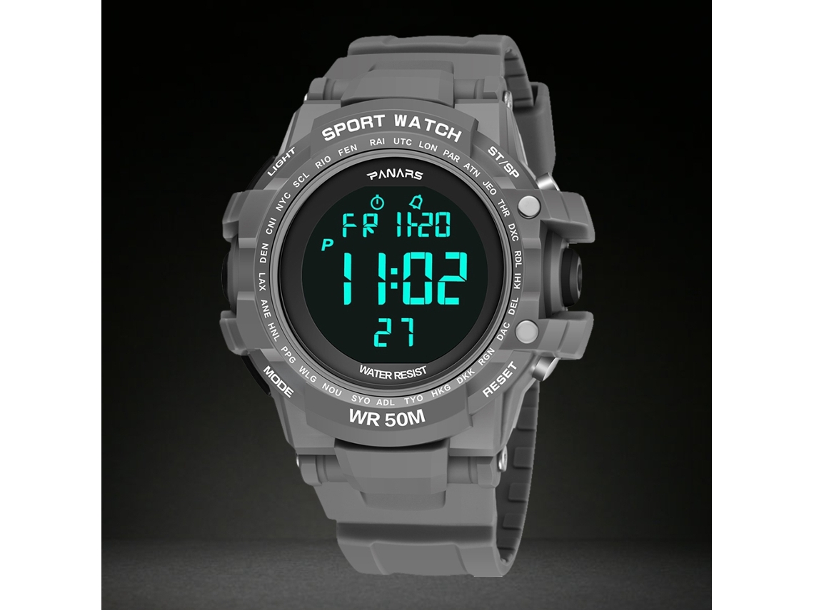 Reloj Digital Panars Con Retroiluminación, Año Bisiesto, Resistente Al Agua Hasta 50 M, Correa De Plástico Pu Gris.