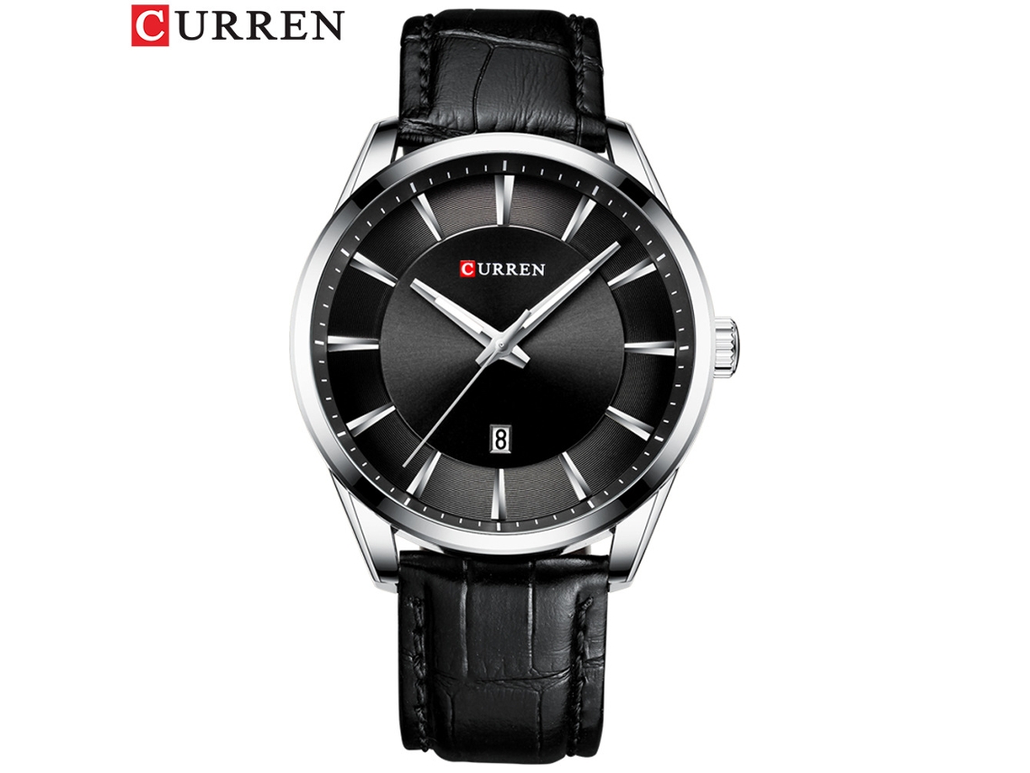 (3) Reloj de hombre con correa redonda de cuero, resistente al agua, con calendario.