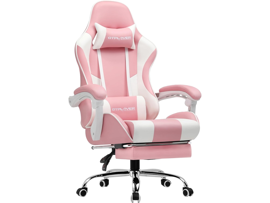 GTPLAYER Silla de Oficina para Videojuegos, Silla Ergonómica con Reposapiés, Reposacabezas y Cojín Lumbar, Silla Giratoria Rosa
