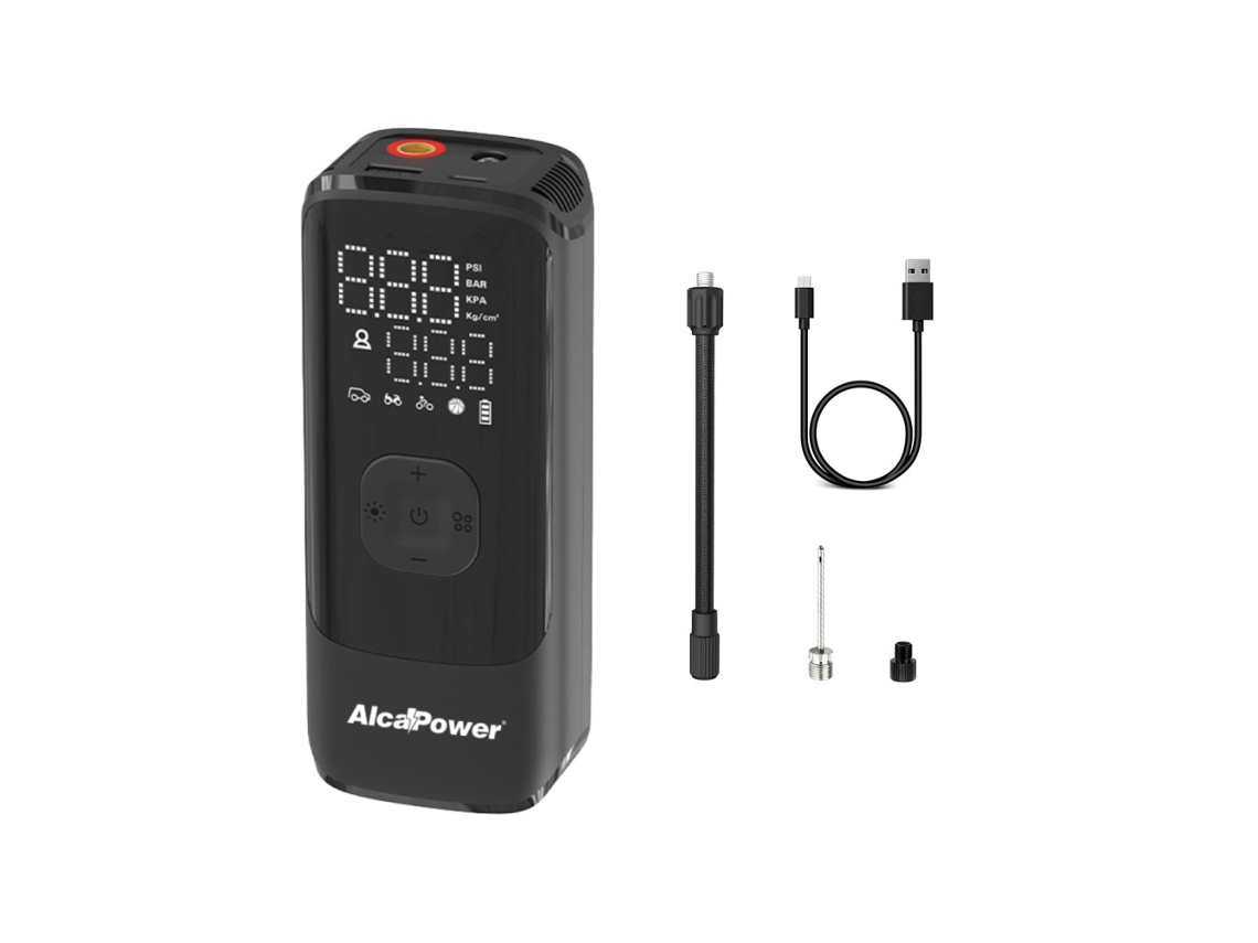 Mini Compresor Portátil para Coche y Bicicleta 150 PSI 3 en 1 - Compresor, PowerBank y Antorcha ALCAPOWER