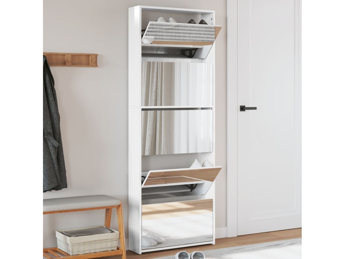 Zapatero con espejo y 5 compartimentos 63x17x169,5cm Blanco Brillo Lovely Home