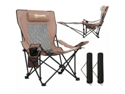 Juego de 2 sillas plegables de metal Oxford para camping con reposapiés extraíble, color marrón y negro.