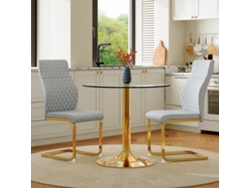 Mesa De Cristal De 85 Cm Con Acabado Dorado, 2 Sillas Gris Claro Con Acabado Dorado.