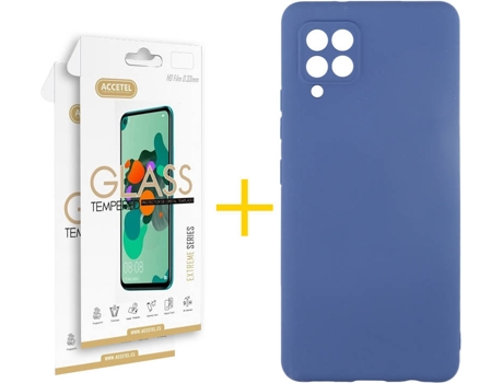 Carcasa y 2 Protectores de Pantalla de Vidrio Samsung A42 4G ACCETEL Silicona Líquida Azul