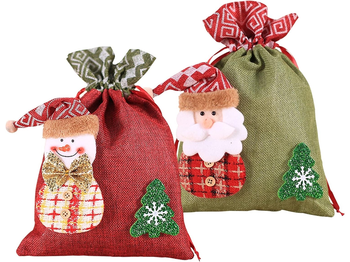 Bolsas de regalo con cordón con diseño de Papá Noel y muñeco de nieve, 2 unidades