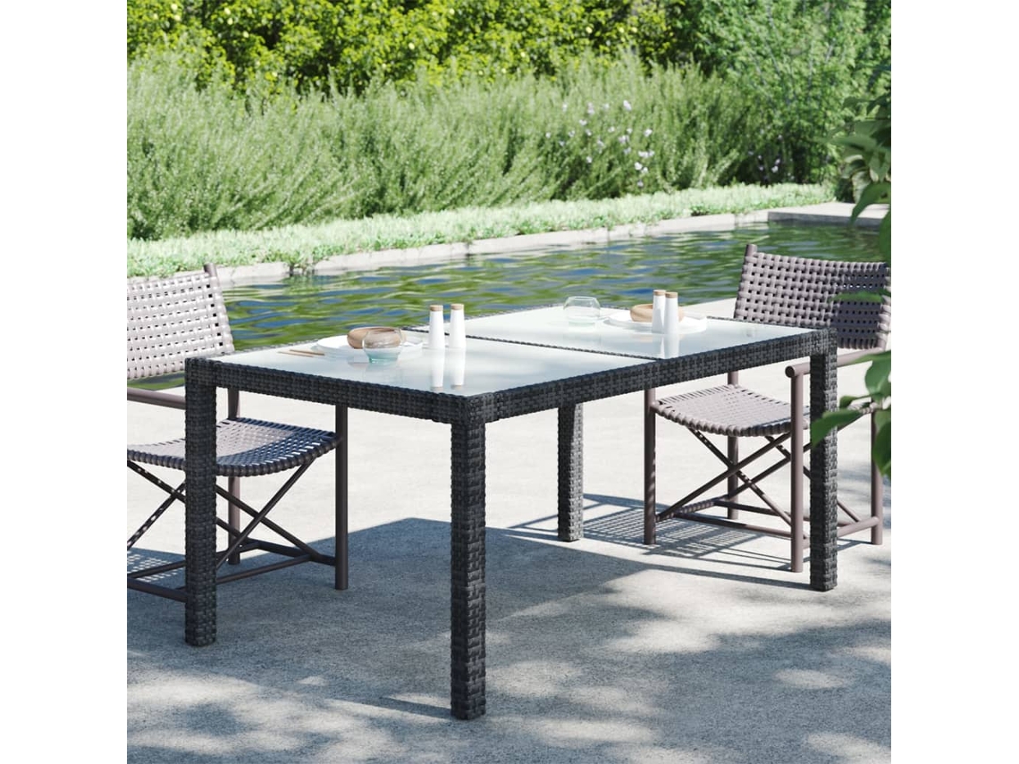 Mesa Jardín Vidrio Templado Ratán Sintético 150x90x75 Cm Negro