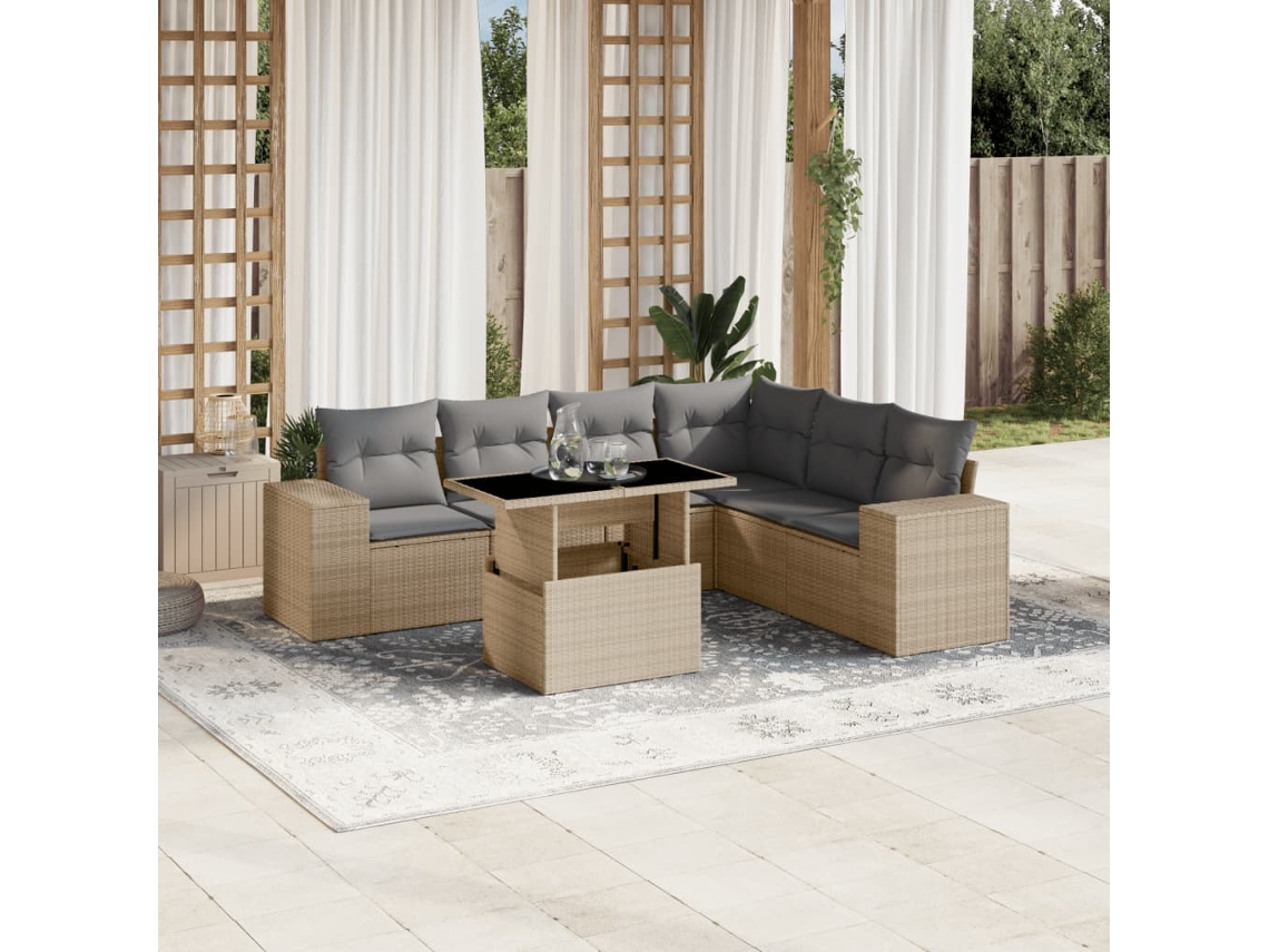 Conjunto de sofá de jardín de 7 piezas con cojines, mimbre sintético beige, Dkd Home Decor