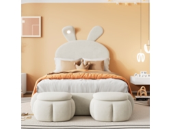 Cama Infantil 90x200 cm Tapizada en Terciopelo - Orejas de Conejo con LED Ajustable - Con 2 Bancos de Almacenamiento - Beige