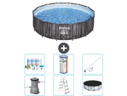 Piscina BESTWAY Round Steel Pro MAX - Impresión en madera - 427 x 107 cm - Incluye bomba - Escalera - Cobertor Accesorios CB32