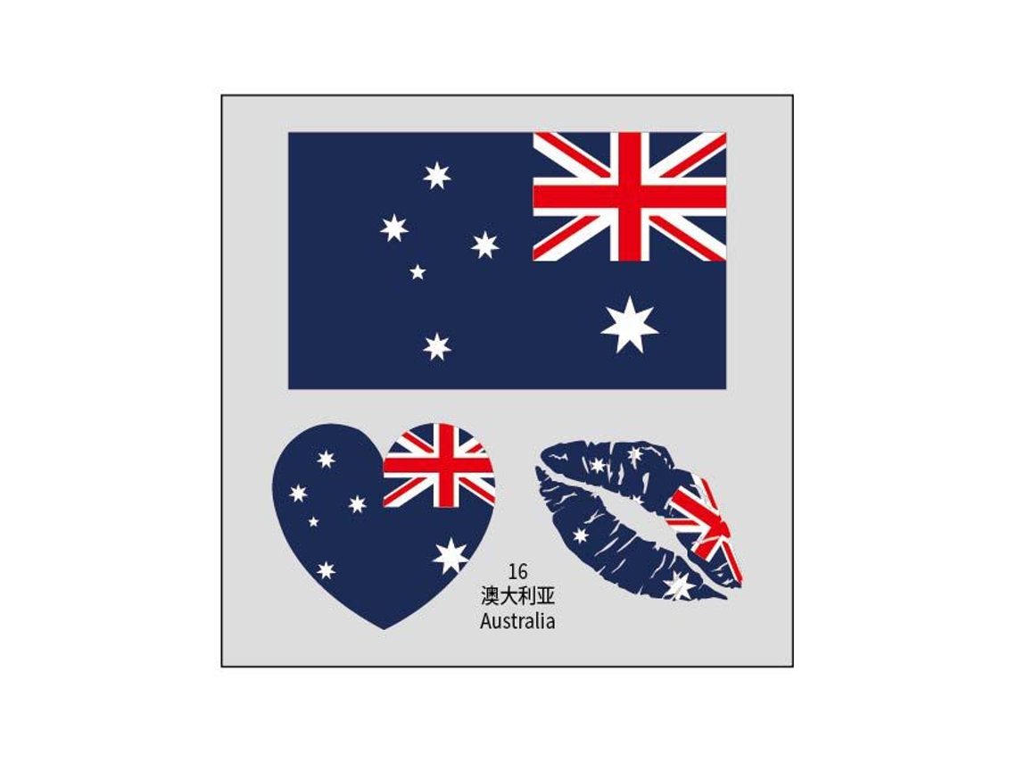 (Australia) Juego de 50 tatuajes temporales con la bandera del país, pegatinas faciales a base de agua para transferencia.