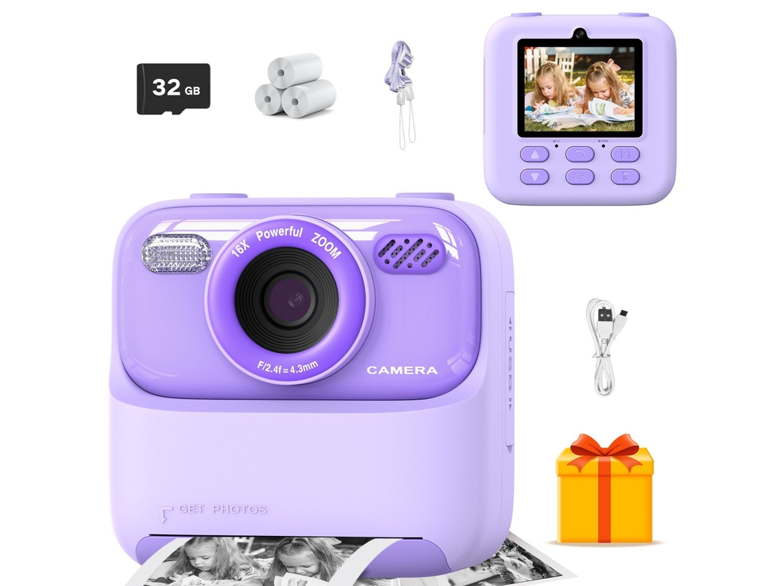 Câmera Digital Instantânea Infantil, Tela Grande de 2,4 Polegadas, Lentes Duplas Frontal e Traseira de 1080p, Memória de 32 Gb CZHHMART (roxa)