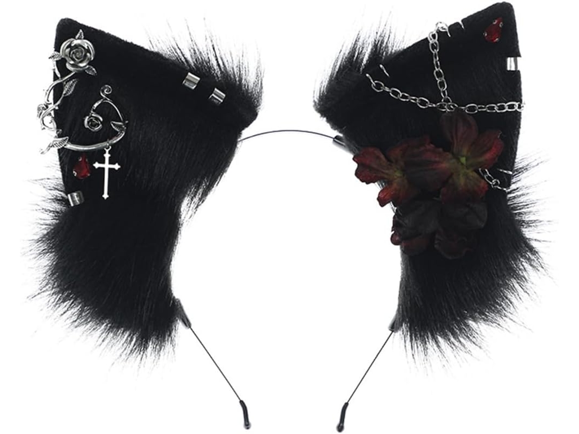 Diadema De Peluche Con Orejas De Lobo Y Flores Para Adolescentes Y Adultos Con Temática De Anime.