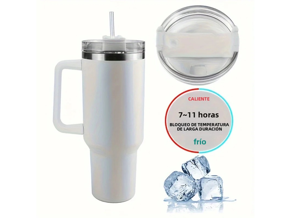 (blanco) Taza De Viaje Térmica De 40 Oz Con Asa Y Tapón Para Pajita, Acero Inoxidable Doble