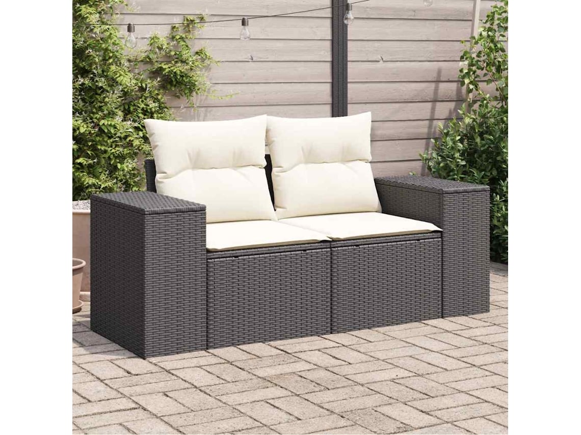 Sofá de jardín de 2 plazas con cojines, mimbre, negro, PE, Dkd Home Decor