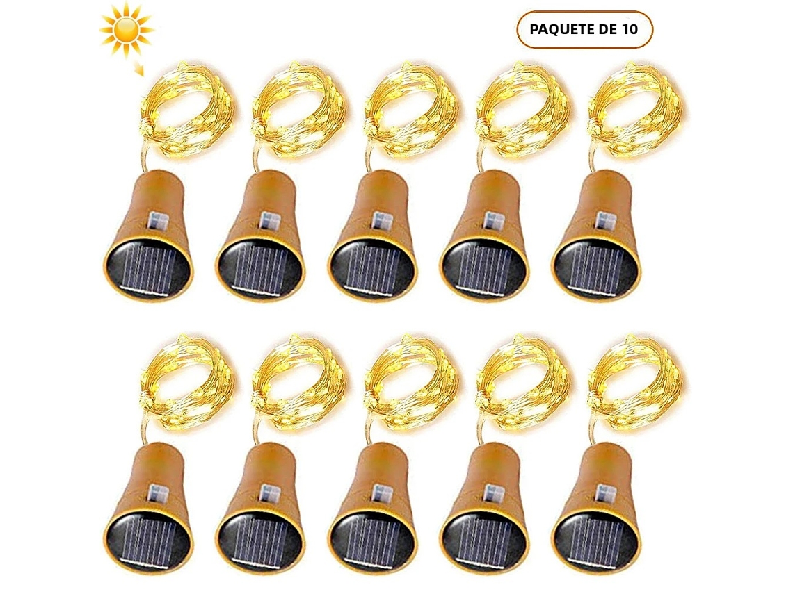 Lámpara solar fabricada con una botella de vino y un tapón de cobre, con 10 LED para una iluminación cálida que cubre 2 m². MDUG