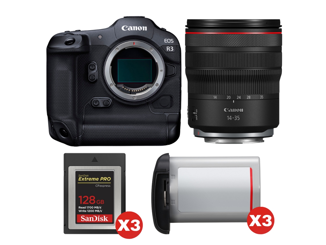 Canon Eos R3 + Rf 14-35mm F/4 L Is Usm + 3 Sandisk 128gb Extreme Pro Cfexpress Type B + 3 Canon Lp-e19 + Ebook “20 Consejos Para Fotos Que Impactan”
