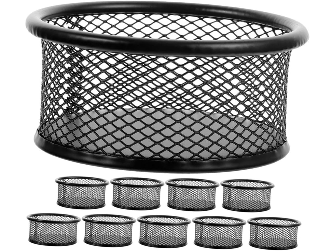 Juego de 10 organizadores de escritorio de metal negro con clips, dispensador de clips multifuncional.