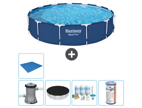 Piscina BESTWAY Round Steel Pro - 396 x 84 cm - Azul - Bomba incluida Cubrir - Paquete de mantenimiento - Filtrar - Suelo