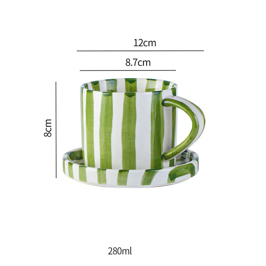 (verde 200-400 Ml) Juego De Taza Y Platillo De Cerámica De 280 Ml Con Diseño Sencillo De Rayas Pintadas A Mano.