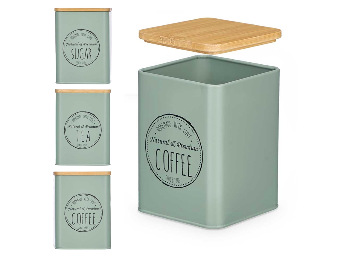 Pack 3 Tarros Con Tapa De Bambú Color Verde Menta Surtido De 3 Diseños "coffee, Sugar Y Tea".