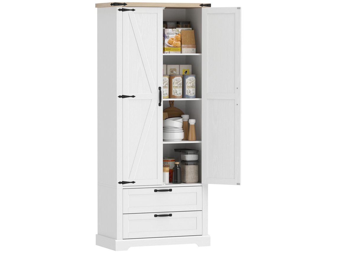 Aparador Alto De Cocina, Mueble De Cocina Con 2 Puertas, 2 Cajones, Estantes Ajustables, Estilo Rústico, 76x40x180cm, Blanco
