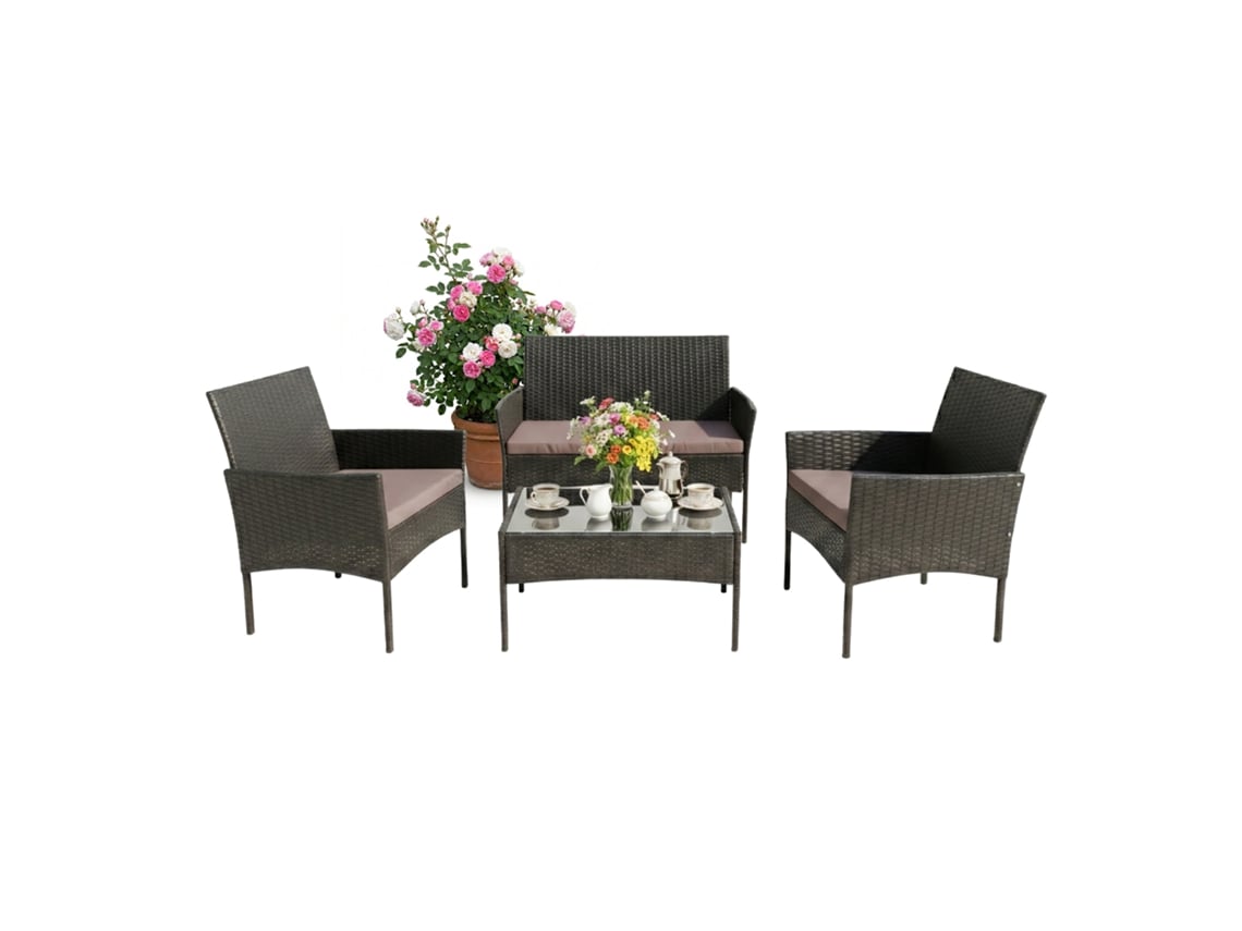 Relaxdays Conjunto De Jardim 4 Peças Rattan Sintético 4 Pessoas, Banco, Cadeiras Mesa De Vidro, Exterior, Preto