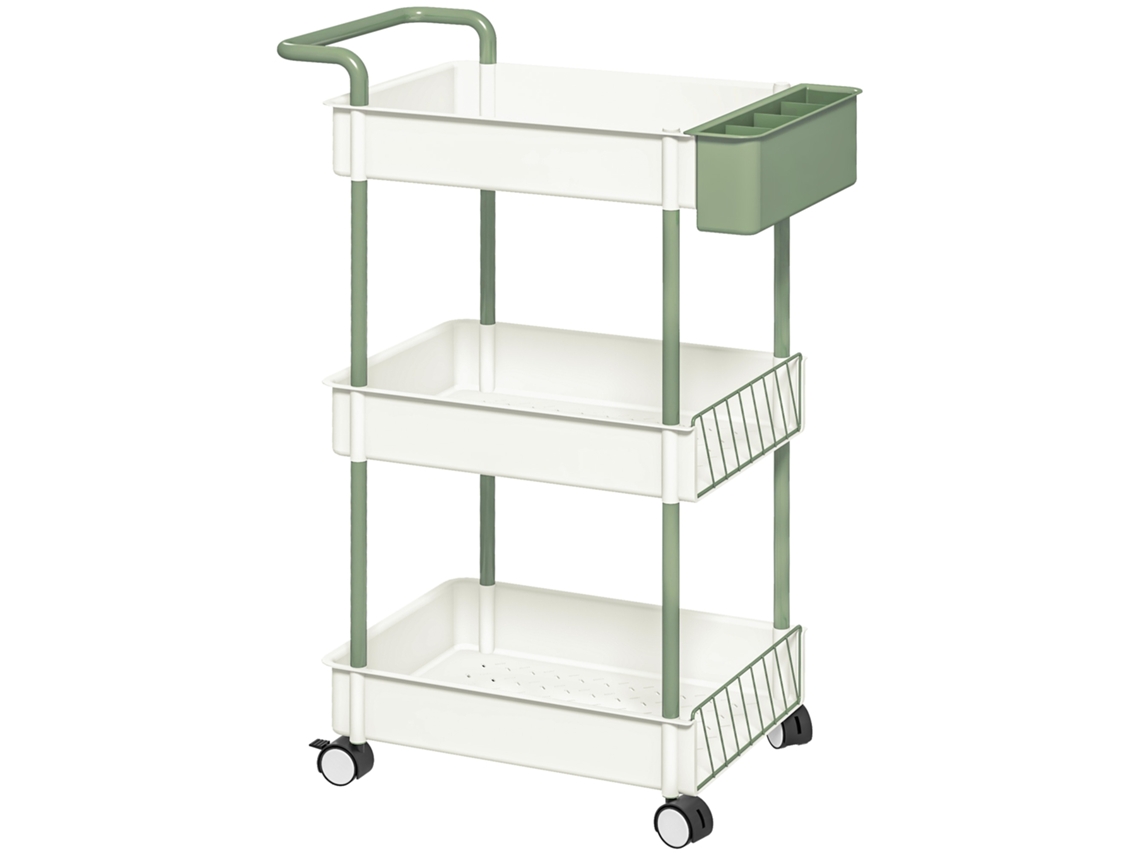 Carrito de cocina de 3 niveles con cesta colgante, fabricado en acero blanco, práctico carrito de almacenamiento con asa Zkaka