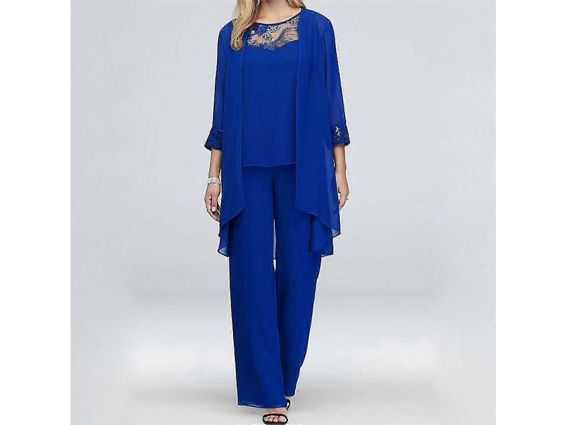 Conjunto de 3 piezas con pantalón para la madre de la novia, conjunto nupcial formal talla grande, gasa azul S