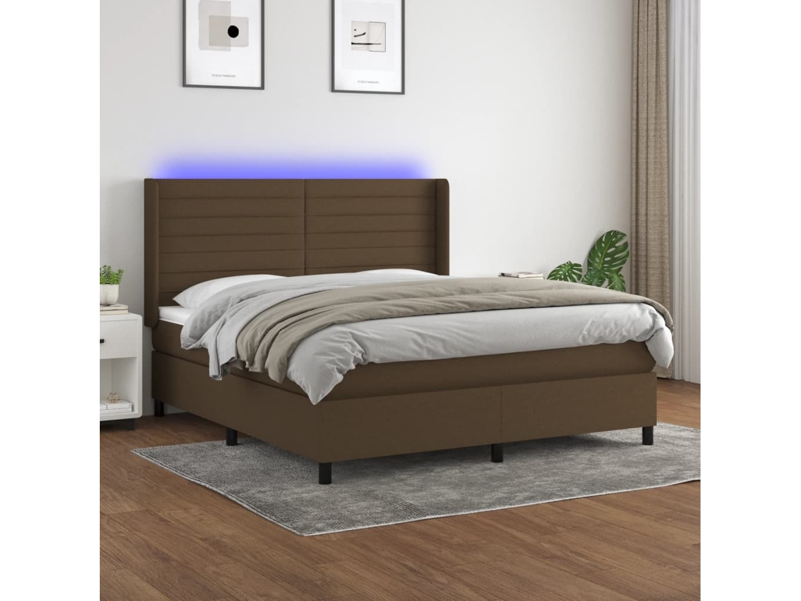 Cama Box Spring Colchón Luces Led Tela Marrón Oscuro 160x200cm