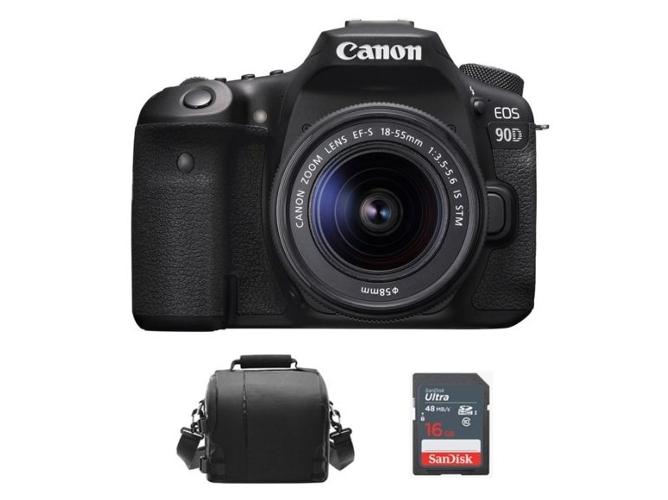 Kit Cámara Réflex CANON 90D EF-S 18-55mm F3.5-5.6 IS STM + Bolsa + 16GB SD