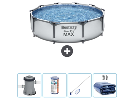 Piscina BESTWAY Round Steel Pro MAX - 305 x 76 cm - Gris - Bomba incluida Filtrar - kit de limpieza - Vela solar