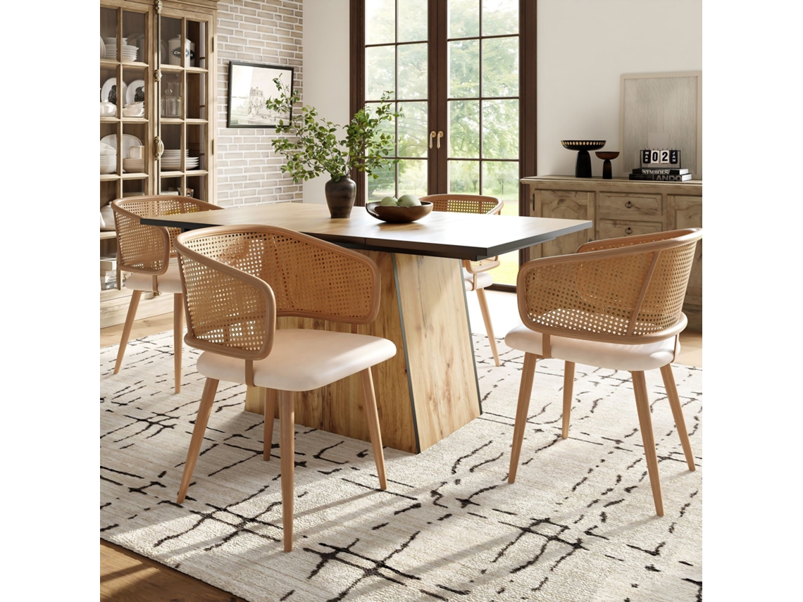 Juego de 4 sillas de comedor con respaldo de ratán y cojines de asiento de cuero PU, cómodas y transpirables.