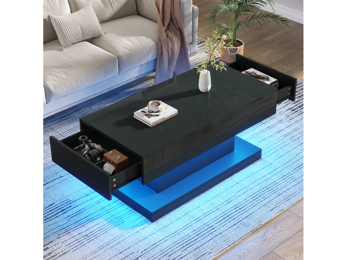 Mesa De Centro De 100x50x45cm Con 2 Cajones E Iluminación Led, Color Negro.