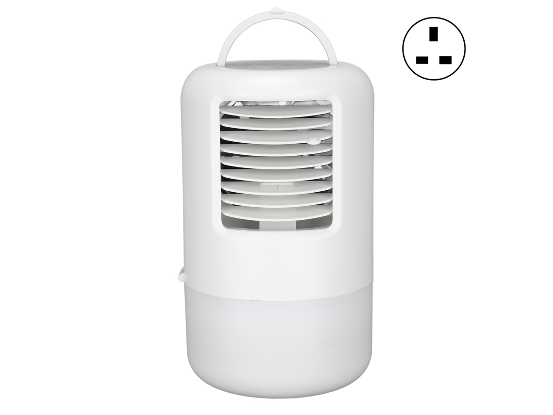 Ventilador De Escritorio Con Refrigeración Líquida, 3 Velocidades, Temporizador, Luz Nocturna, Enchufe Mini Británico Portátil, Color Blanco.
