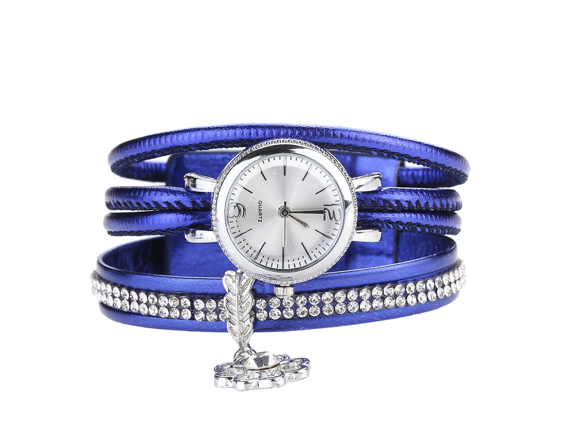 Reloj De Pulsera De Moda Para Mujer Con Correa De Piel Sintética Y Diamantes De Imitación Azules.