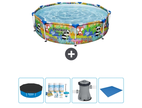 Piscina BESTWAY Round Steel Pro - 274 x 66 cm - Animal print - Incluida Cubrir - Paquete de mantenimiento - Bomba - Suelo