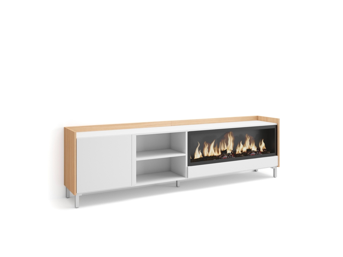 Mueble Tv, Televisión, 212x35x61cm, Para Tv Hasta 80", Chimenea Eléctrica Xxl, Diseño Industrial, Blanco Y Roble Soft