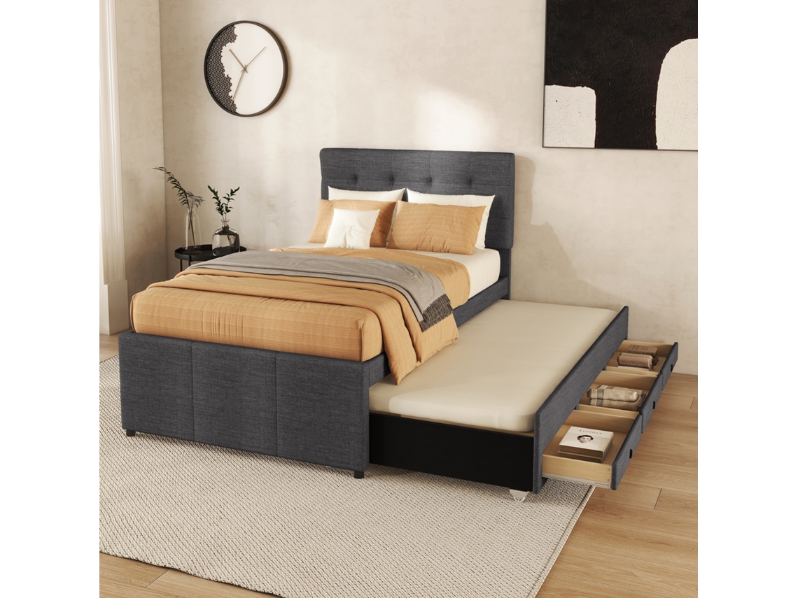Cama Retráctil De 90x190x200 Con 3 Cajones, Color Gris.