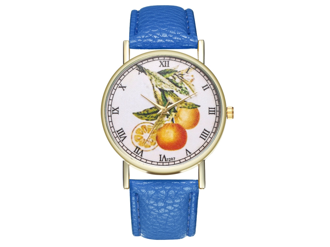 Reloj De Moda Casual Para Hombre Y Mujer Frutas Cuarzo Correa De Cuero Azul Oscuro