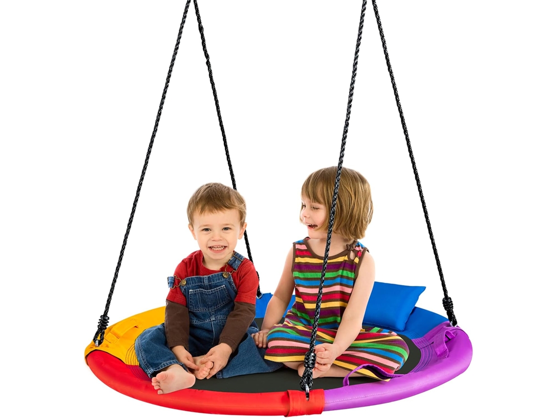 Columpio Infantil Diámetro 100 cm Columpio Redondo con Cuerdas Regulables en Altura con Cojín y Empuñadura para Patio y Jardín COSTWAY