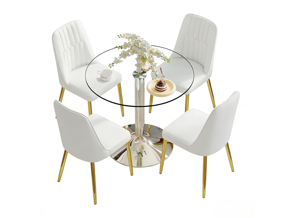 Conjunto Mesa Comedor 85 Cm - Cristal Y 4 Sillas Pu Modernas - Blanco, Dorado Y Plata