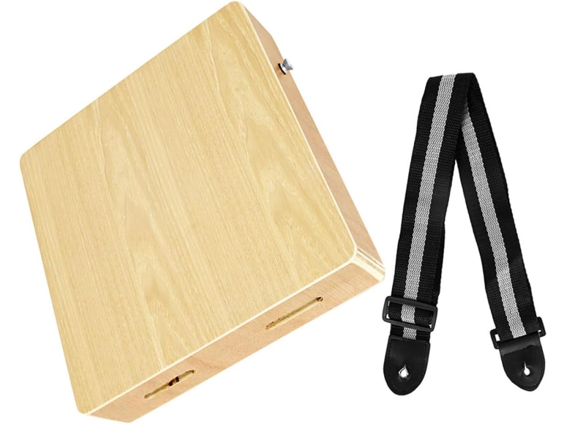 Cajón portátil de fresno chino con panel de madera de olmo y tambor de madera natural.