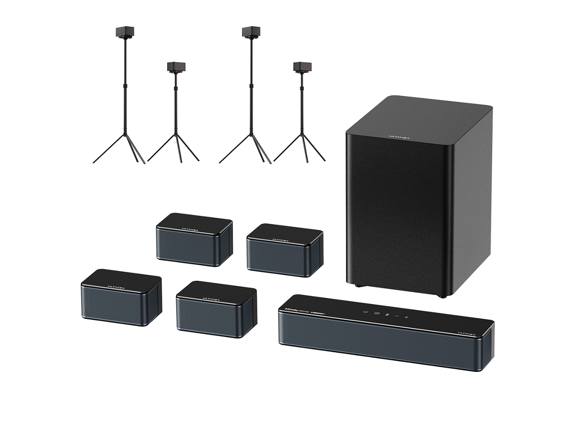Barra de sonido Ultimea Poseidon D80 Boom 7.1 Dolby Atmos 500 W de potencia 2 pares Steady 300 Compatible con control por aplicación Ecualizador de 10 bandas Bluetooth 5.3