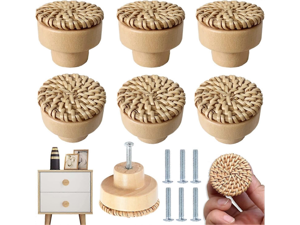 Conjunto De 6 Perillas De Mueble De Ratán Redondo, Hecho A Mano, Para Commode, Cajón