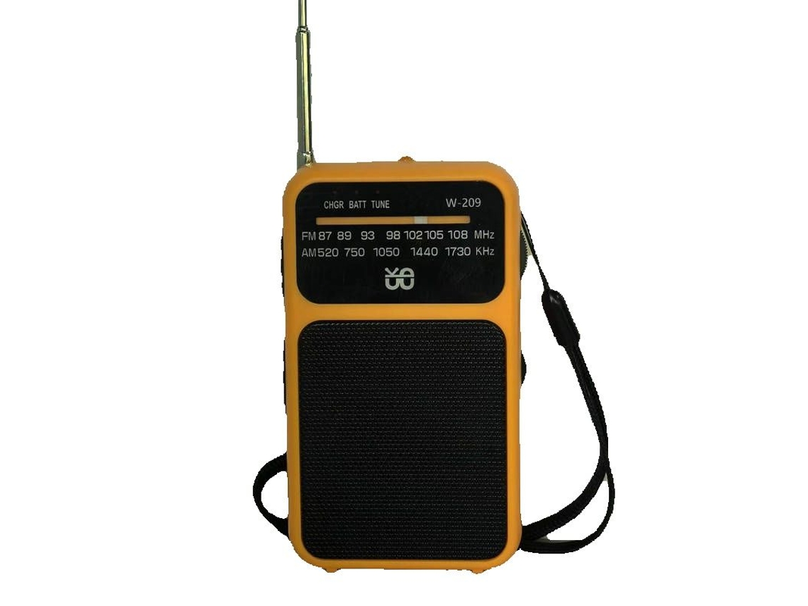 Radio transistorizada de bolsillo (amarilla), con carga USB-C, conector para auriculares, incluye clip y cordón.