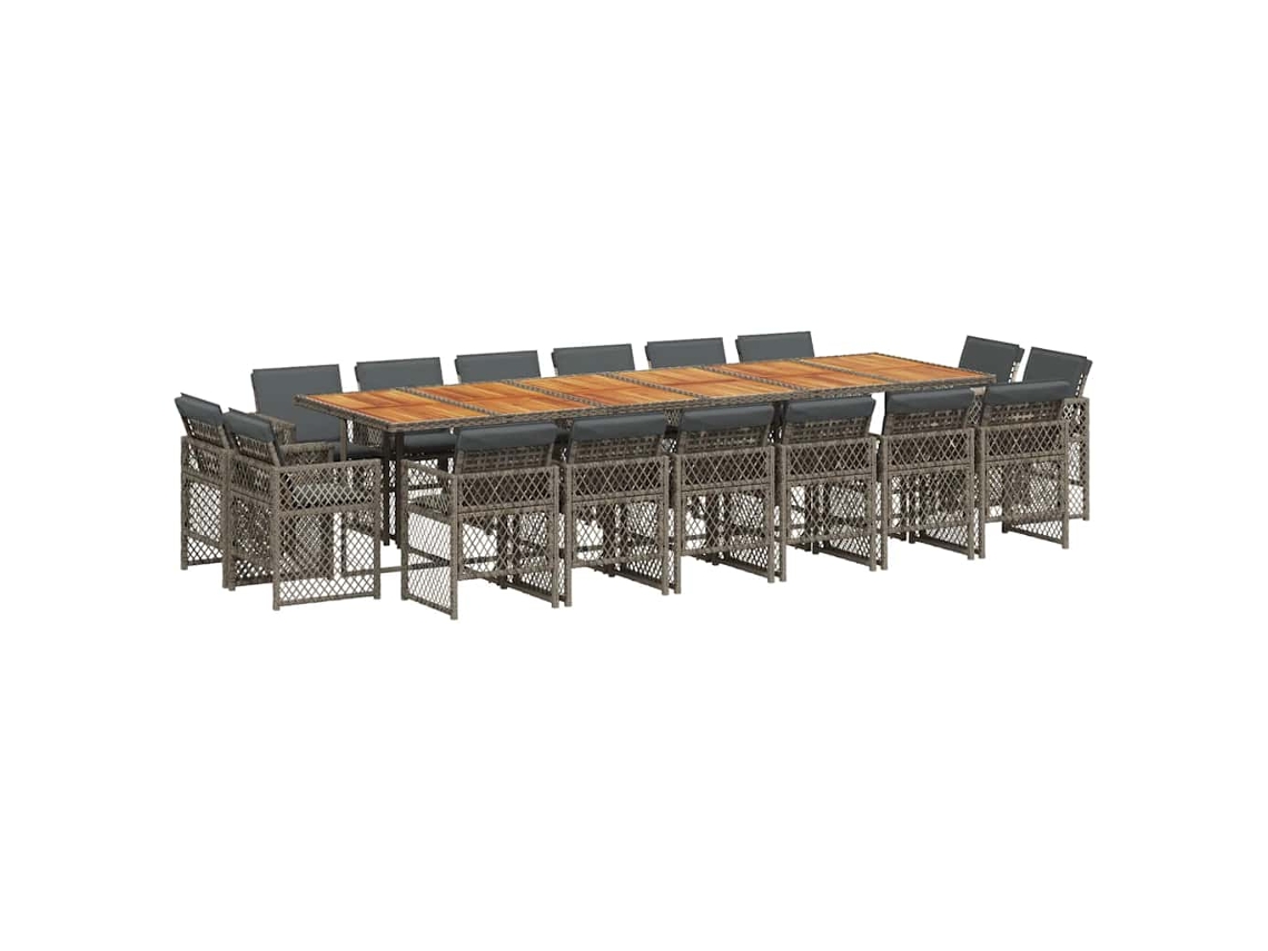 Juego de comedor de jardín de 17 piezas con cojines de mimbre, gris, EXCLUSIVO DE LA CASA (17 piezas)