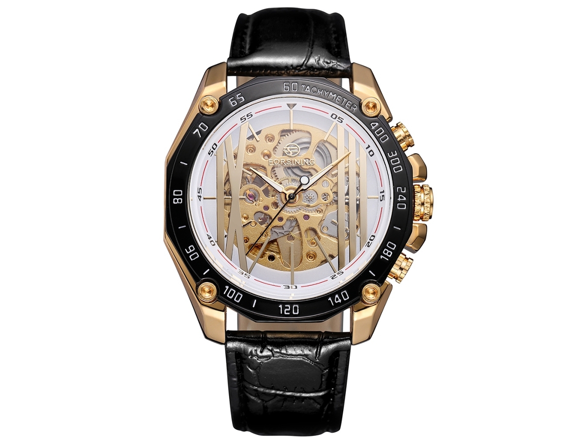 Reloj Mecánico Hombre Forsining Resistente Al Agua Dial Blanco Caja Dorada
