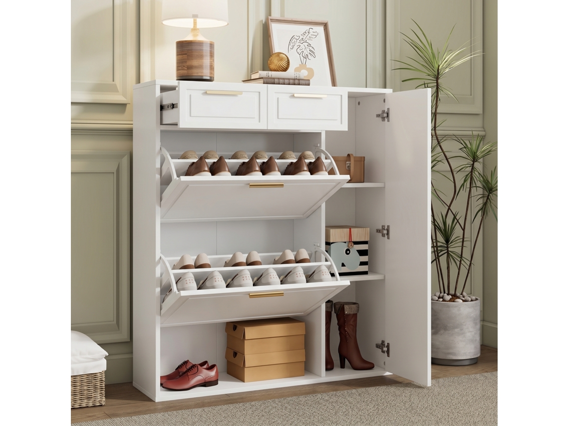 Zapatero De 95x24x107cm Con Estantes Dorados, Blanco, Para Recibidor.