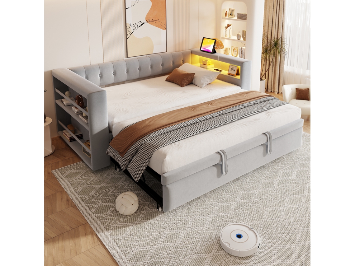Cama Multifuncional 90/180x190 cm con Iluminación LED, Enchufes y Amplio Espacio de Almacenamiento, Gris Claro, Mobrio